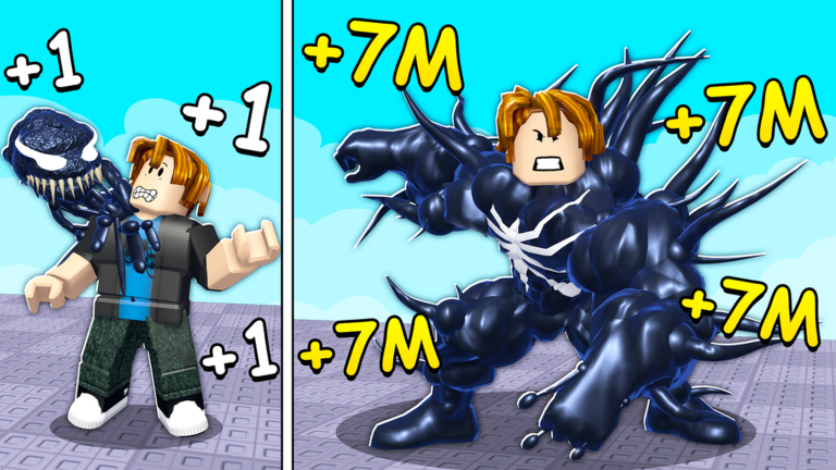 +1 Venom Evolution Roblox gameplay artwork showing symbiote evolution stages